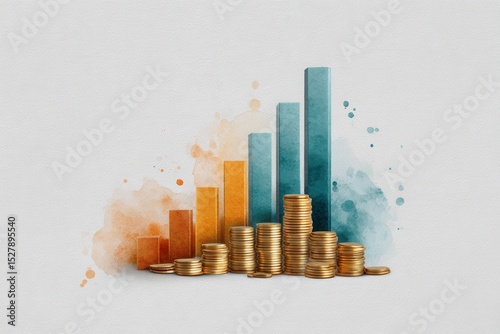 Long-term real estate investment concept. Stacks of gold coins in front of a colorful bar graph representing financial growth or economic success.