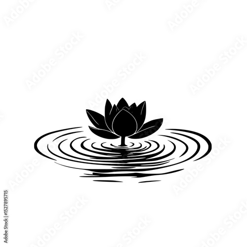icon of a flower in a pond with reflection in the water black, flower, icon, illustration, lotus flower, pond, reflection, water , Generative art.