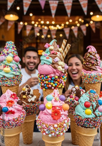 Colorful Ice Cream Cones Delight - A delightful close-up shot of several colorful ice cream cones, adorned with sprinkles, candies photo