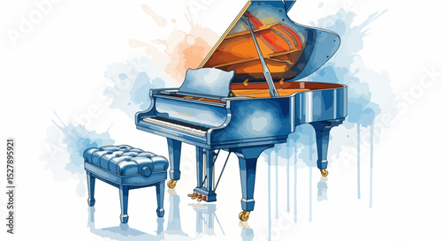 Elegant Blue Grand Piano with Bench – Watercolor Style Illustration