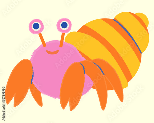Cute hermit crab. Vector illustration of a sea hermit crab. Sea animal. Children's illustration style. Underwater life. 