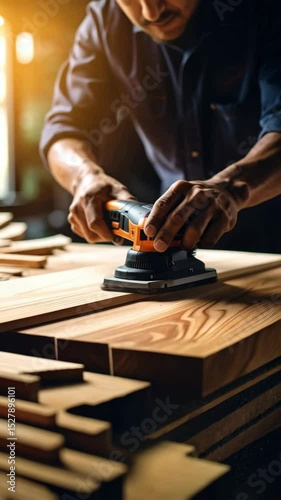 Craftsman using a hand sander to smooth a wooden plank in a workshop, emphasizing precision and detail in woodworking and creating smooth surface.
