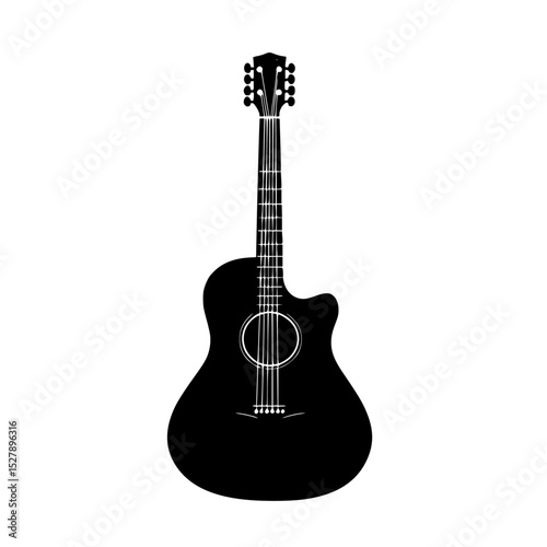 a black acoustic guitar on a white background black, guitar, icon, silhouette , Generative art.