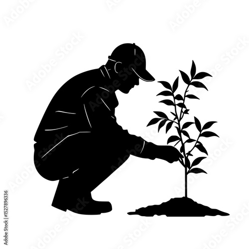 a black silhouette of a young man planting a small tree black, hold, man, plant, silhouette, small, tree, young , Generative art.