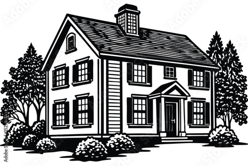 Classic Colonial House Architectural Design Elegant Home Illustration
