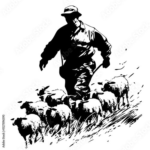 a black and white drawing of a man herding a flock of sheep black, drawing, farmer, flock, herd, illustration, man, person, sheep, shepherd, walk , Generative art.