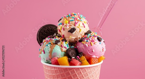 Delicious Ice Cream Sundae with Sprinkles and Fruit - Three scoops of ice cream, assorted colors, topped with sprinkles, chocolate cookies, and fresh fruit in a waffle cone. Pink background
