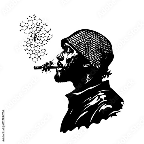 a black and white illustration of a man smoking a pipe art, black, cigarette, illustration, man, pipe, silhouette, smoke , Generative art.