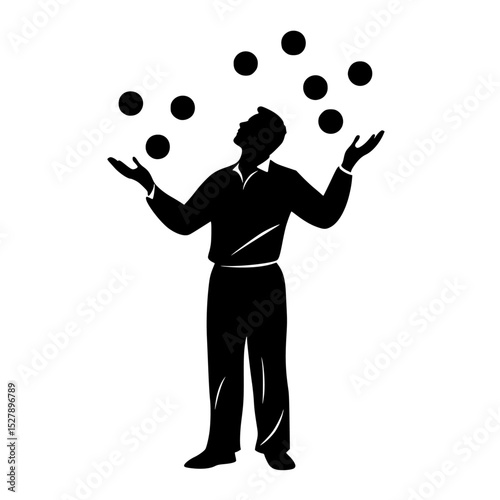a black silhouette of a man throwing balls in the air ball, black, hand, man, silhouette, stand, throw , Generative art.