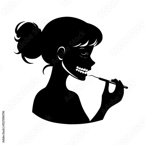 a black and white silhouette of a girl with a cigarette in her mouth black, cigarette, dead, girl, illustration, mouth, silhouette, tooth, woman , Generative art.