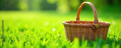 Full woven picnic basket amidst vibrant green grass field, day, field
