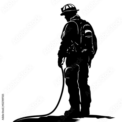 a black silhouette of a fireman standing with a hose black, firefighter, fireman, hose, man, silhouette, stand , Generative art.