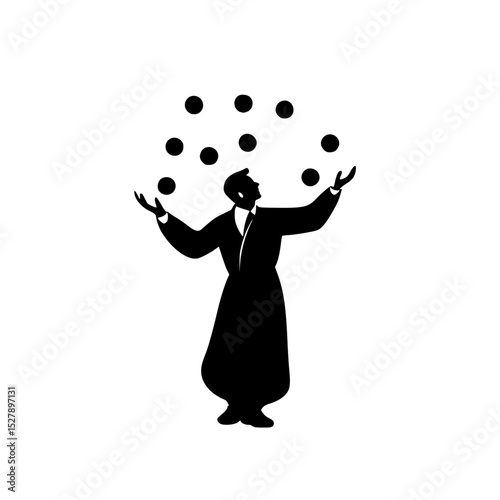 a black silhouette of a man in a robe throwing balls ball, black, illustration, man, robe, silhouette, stand, throw , Generative art.