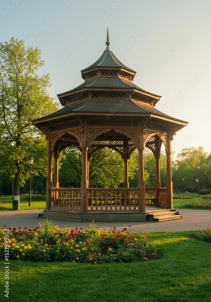 Obraz premium Elegant Wooden Gazebo in Park - A picturesque wooden gazebo stands in a well-maintained park, surrounded by vibrant flowers. Sunlight illuminates the scene