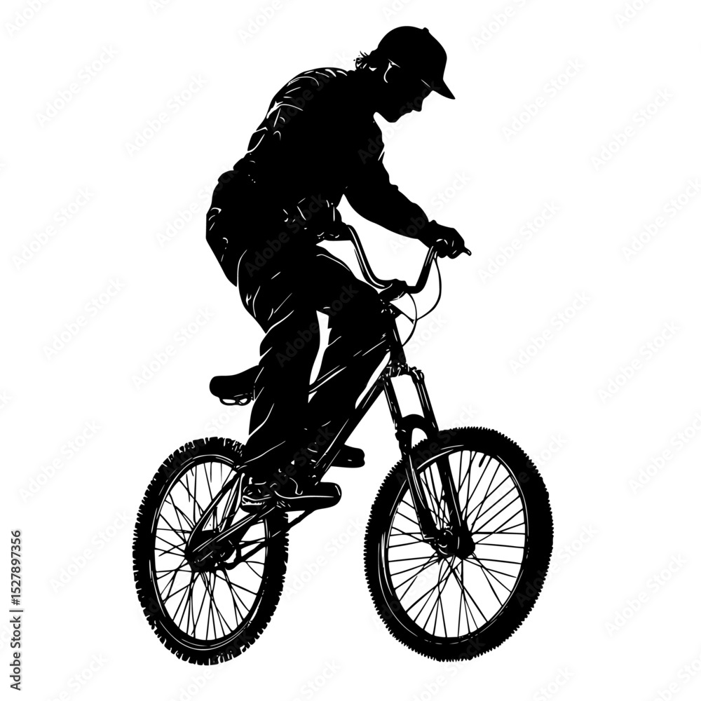 Naklejka premium a black silhouette of a man riding a bike bicycle, bike, black, man, ride, silhouette , Generative art.