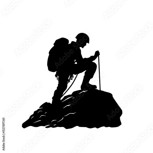 a black and white silhouette of a man with a backpack climbing to the top of a mountain backpack, black, climb, man, mountain, person, rock, silhouette, stand, top , Generative art.