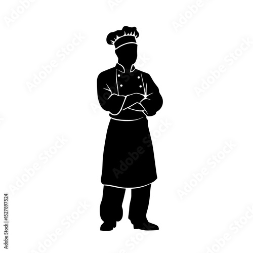 a black silhouette of a chef in an apron and hat standing with arms crossed apron, arm, black, chef, cook, hand, hat, icon, silhouette, stand, style , Generative art.