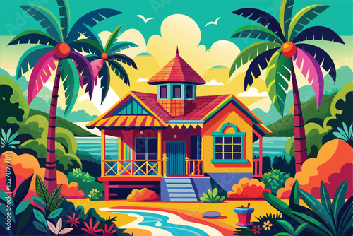 Vibrant Tropical Paradise Colorful Beach House Illustration