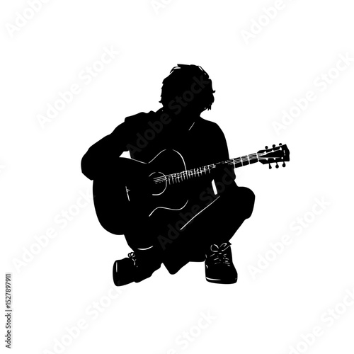 a black silhouette of a man playing an acoustic guitar black, guitar, man, play, play on, silhouette, sit , Generative art.