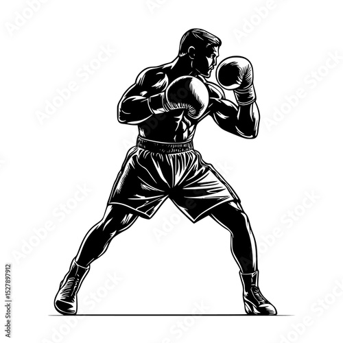 a black and white illustration of a boxer in a boxing ring black, boxer, boxing glove, illustration, silhouette, style , Generative art.