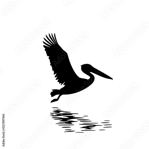 black silhouette of a pelican flying over water with reflection bird, black, flight, fly, pelican, reflection, silhouette, stork, water, wing , Generative art.