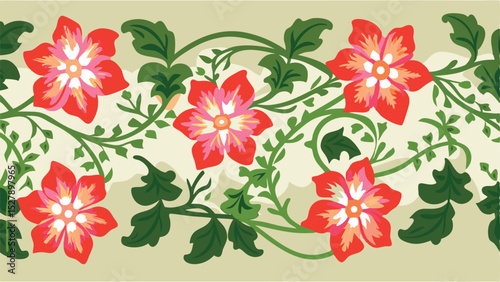 Floral border with red flowers and green leaves on a light background decorative design element artful style 100