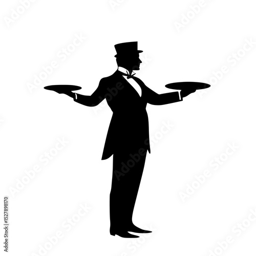 a black silhouette of a waiter wearing a top hat and suit holding a tray with plates in his hands black, hand, hat, hold, man, plate, silhouette, stand, suit, tray, waiter, wear , Generative art.