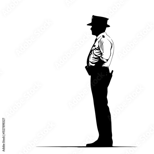 a black silhouette of a police officer wearing a hat and holding a gun black, gun, hat, man, police officer, silhouette, stand, wear , Generative art.