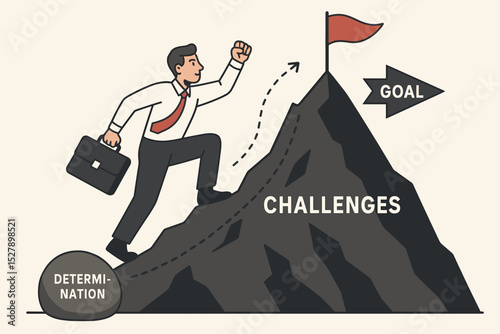 Journey to success business concept. Determined businessman overcoming challenges, climbing mountain to reach goal. Metaphor for career growth, ambition, motivation, achievement.