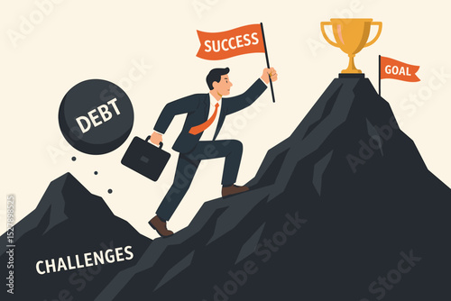 Journey to success business metaphor. Businessman climbing mountain, overcoming challenges and debt. Man with ambition on career path to reach goal, achievement, and trophy.