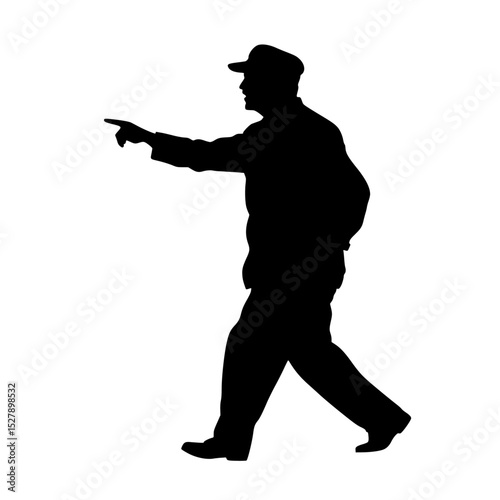 a black and white silhouette of a police officer with a hat and a gun in his hand pointing at something black, finger, gun, hand, hat, man, point, police officer, silhouette, walk , Generative art.