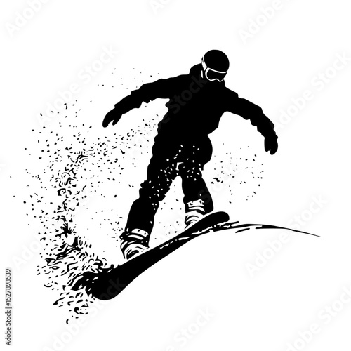 black silhouette of a snowboarder riding down a hill or mountain black, hill, man, mountain, ride, silhouette, slope, snowboard, snowboarder , Generative art.