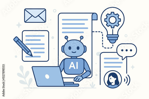 AI writing assistant and copywriting technology concept. Robot generates text on laptop. Artificial intelligence for automated content creation, articles, emails, and chatbot communication.