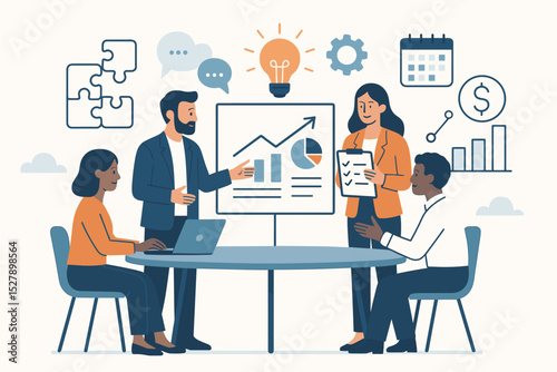 Cross-functional team in a business meeting discussing strategy and data analysis. Corporate collaboration with diverse people presenting charts for company growth and project management.