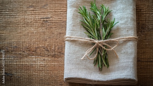 Fabric napkin tied with twine and a sprig of rosemary for a rustic look