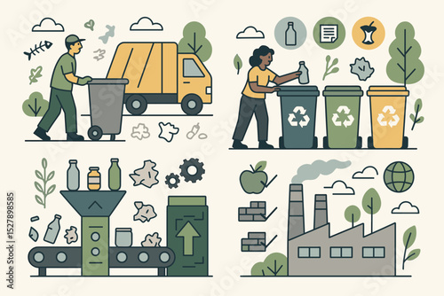Recycling process and waste management infographic. Eco-friendly garbage collection, trash sorting into bins, and processing at a factory. Environmental sustainability concept set.