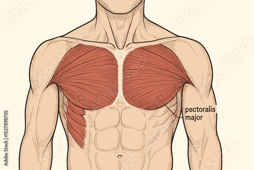 Vector illustration of Pectoralis Major muscle anatomy. Human anterior chest wall diagram for medical, science, or fitness education. Shows muscle origins and insertions on skeleton.