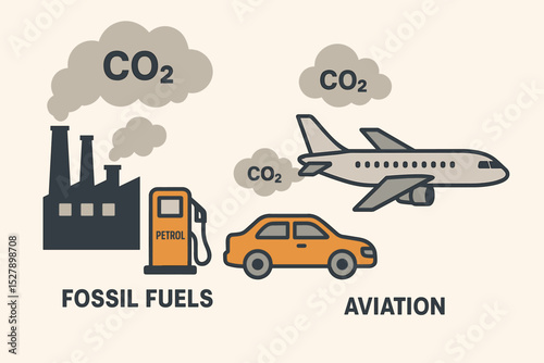 Concept of CO2 emissions from fossil fuels and aviation. Factory, car, and airplane pollution sources. Environmental impact, climate change, global warming vector infographic.