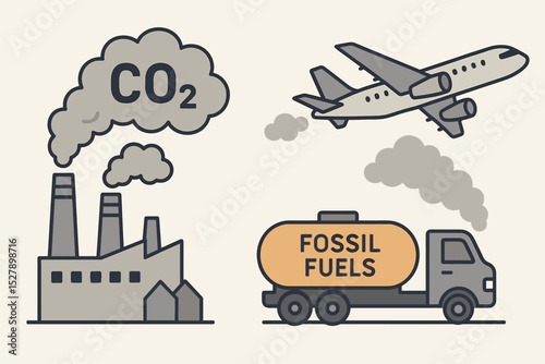 Fossil fuels impact and CO2 emissions concept. Vector set of industry and transport pollution. Factory, airplane, truck emitting smoke. Global warming, climate change, ecology.