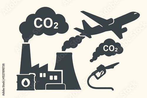 Carbon dioxide emission vector icon set. Fossil fuel industry concept with factory, airplane, oil and gas pump. Air pollution, climate change, global warming, environmental impact.