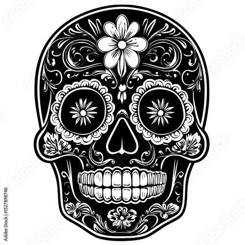 day of the dead skull with flower and ornaments black, dead, flower, ornament, skull , Generative art.