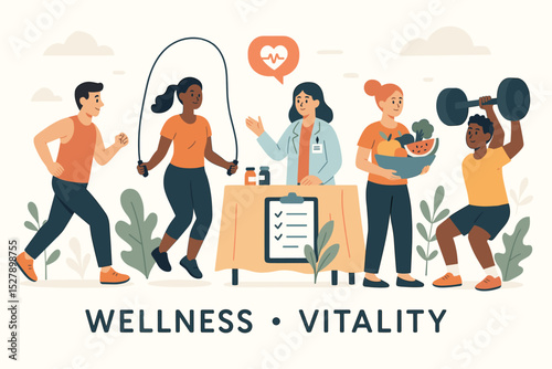 Vector illustration of a health fair and wellness event. Diverse people engaged in fitness, exercise, nutrition, and medical checkup. Concept of healthy lifestyle, vitality and community.
