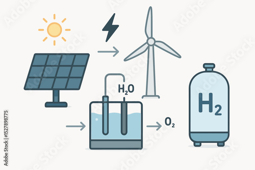 Green hydrogen energy production process infographic. Renewable power from solar panel and wind turbine for water electrolysis. Sustainable technology for clean fuel storage concept.