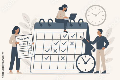 Business people planning work schedule and managing time. Team organizing tasks on calendar with checklists and timesheets. Project management, deadline, productivity, teamwork concept.