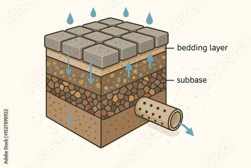 Permeable pavement diagram showing a cross-section of porous pavers for water infiltration. Sustainable stormwater management system with subbase, bedding layer and drain pipe.