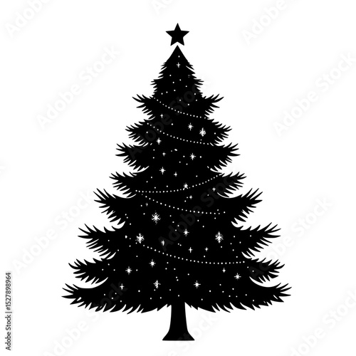 a black silhouette of a christmas tree with stars black, christmas tree, fir tree, silhouette, star, tree , Generative art.