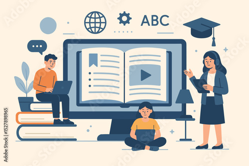 E-learning and online education concept. Students and teacher in virtual classroom. Digital course, internet school, and webinar illustration. Modern knowledge and technology platform.