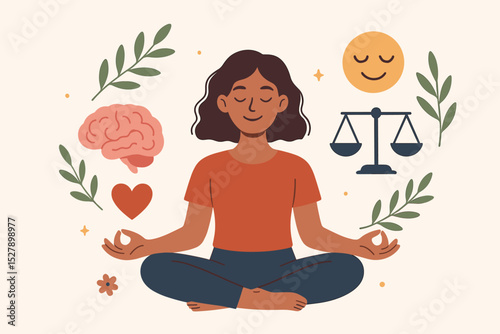 Mental health and wellbeing concept vector. Woman meditating in lotus pose for emotional balance and harmony. Self-care, mindfulness, peace of mind illustration with brain and heart.