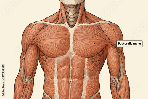 Pectoralis major muscle anatomy with label. Detailed anterior view of human male torso showing chest musculature. Medical illustration for biology, physiology, and fitness education.