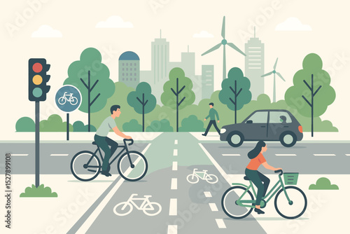 Urban bicycle infrastructure for sustainable transport. People cycling on a dedicated bike lane in a modern green city. Eco-friendly mobility, healthy lifestyle, and road safety.